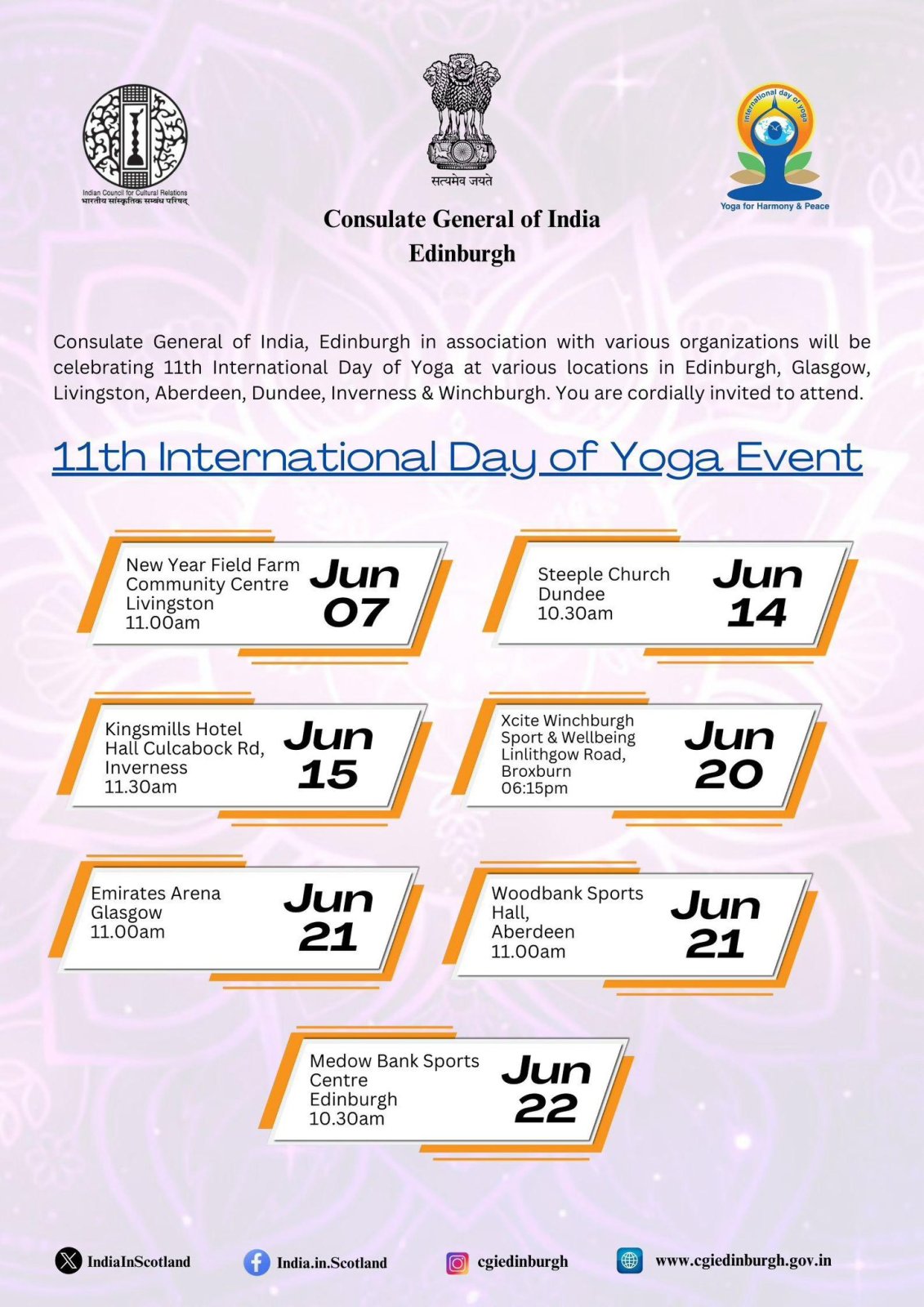 Consulate General of India, Edinburgh launched the 50-day countdown to the 11th International Day of Yoga 2025 by unveiling Yoga events across 7 cities in Scotland – Edinburgh, Glasgow, Inverness, Aberdeen, Dundee, Livingston & Winchburgh.