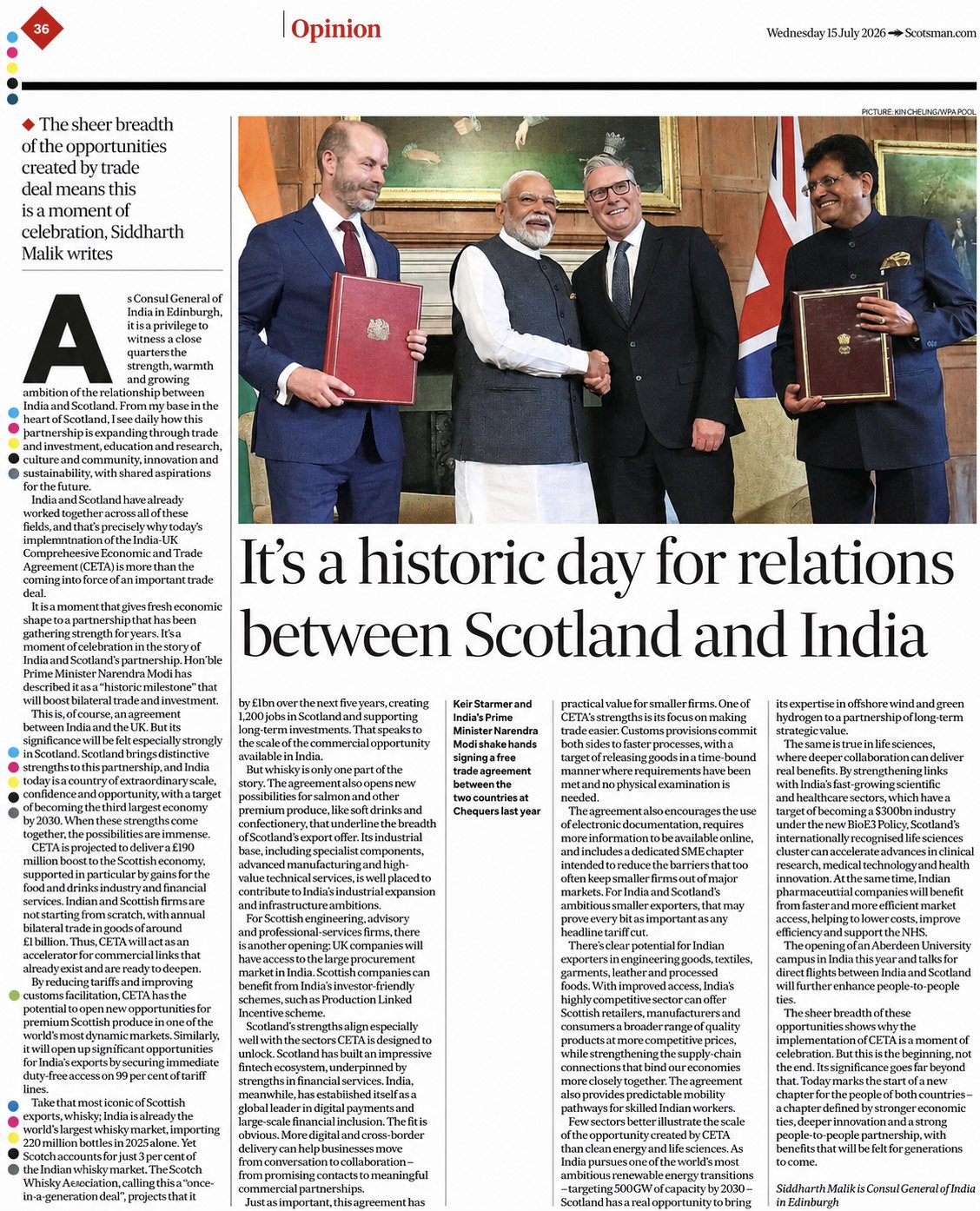 The Scotsman Publishes Opinion by India's Consul General on India–UK CETA