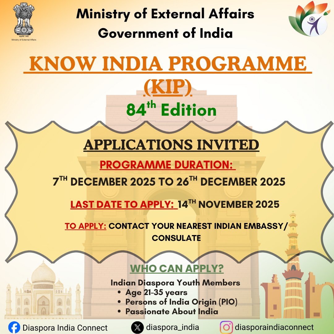 Consulate General of India, Edinburgh, invites applications for the 84th Know India Programme (KIP)!