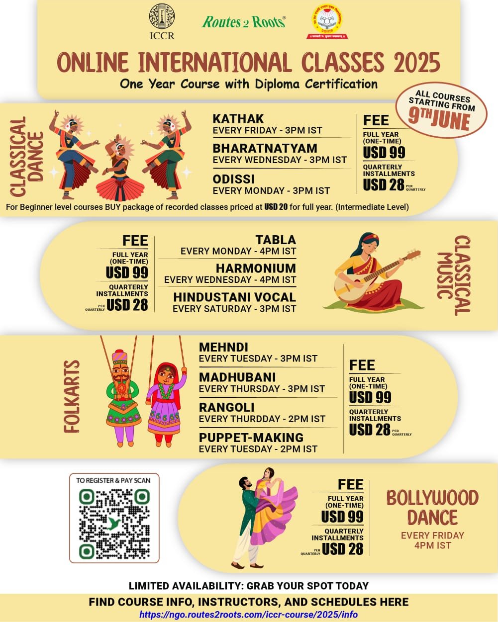 One-year certified courses in Indian Classical Dance, Music, Folk Arts & Bollywood Dance