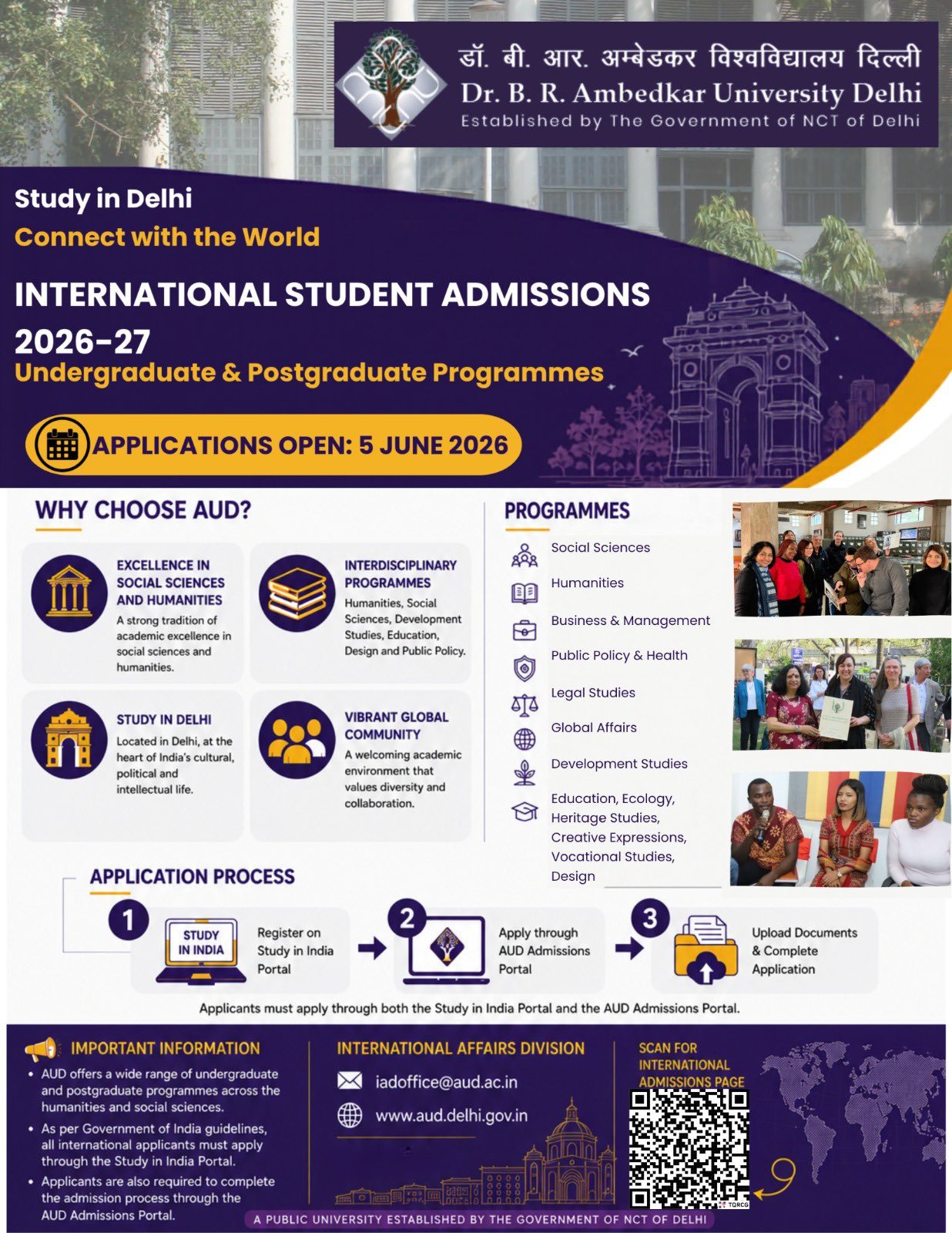 Dr. B. R. Ambedkar University Delhi (AUD) has opened admissions for international students for the 2026-27