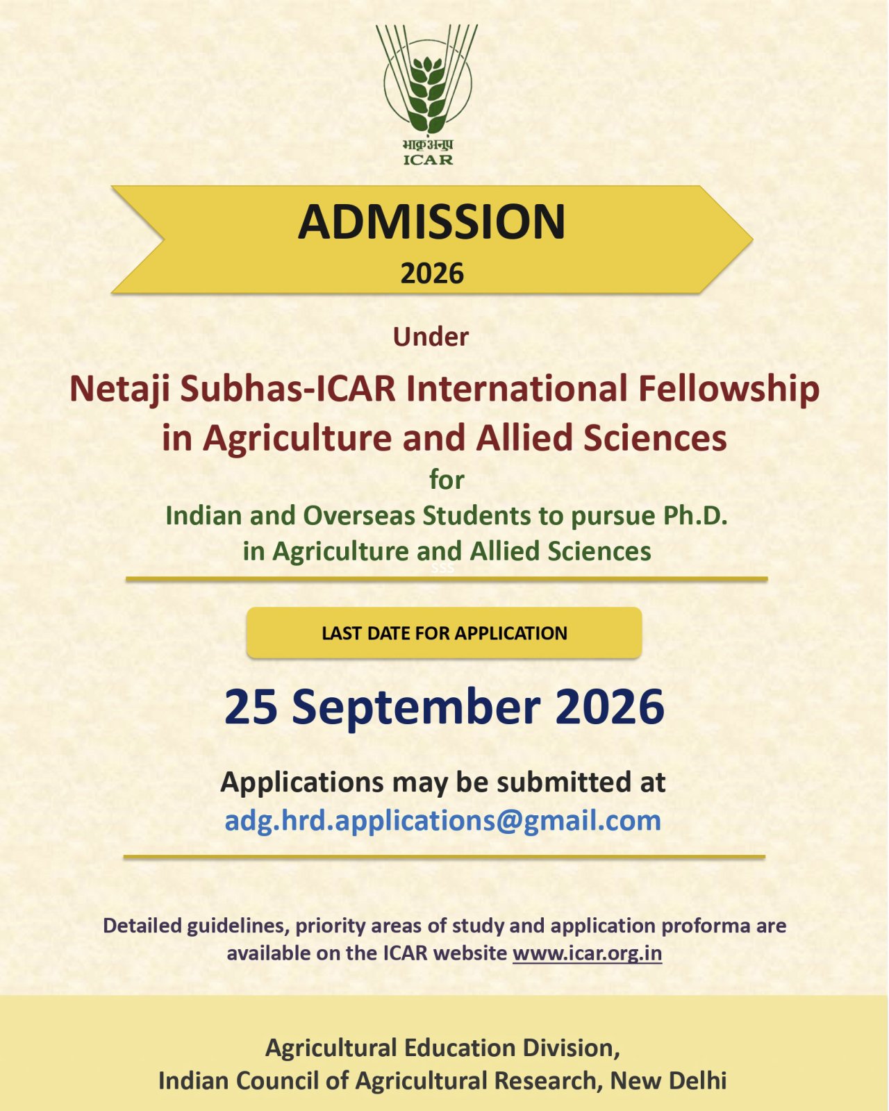 Netaji Subhas–ICAR International Fellowship 2026